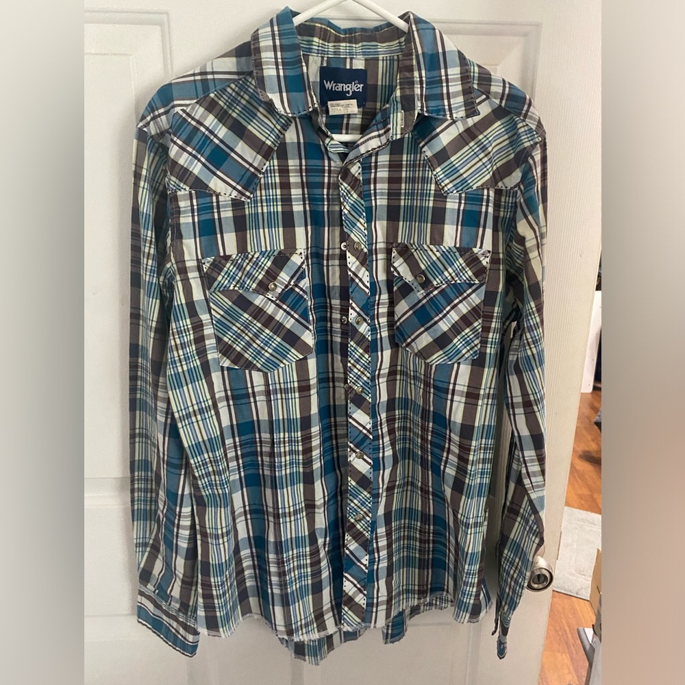 Wrangler Blue Teal Brown Plaid Long Sleeve Shirt